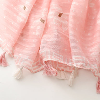 Floral print light pink long scarf with tassels