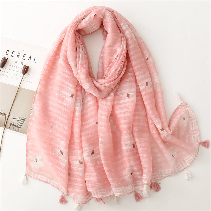 Floral print light pink long scarf with tassels