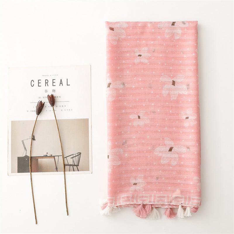 Floral print light pink long scarf with tassels