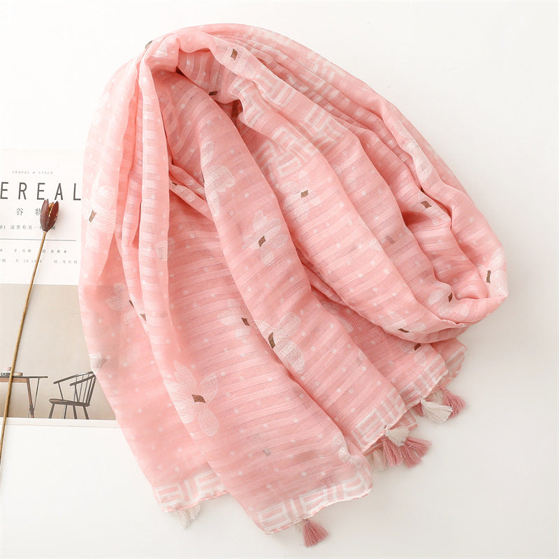 Floral print light pink long scarf with tassels