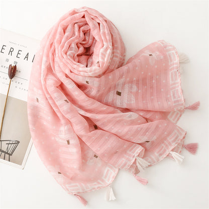 Floral print light pink long scarf with tassels