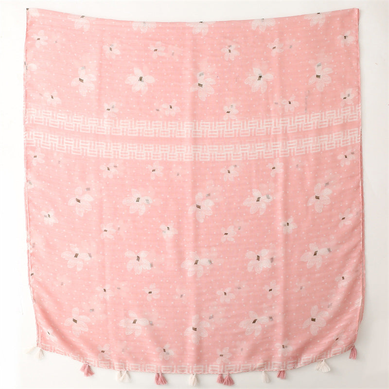 Floral print light pink long scarf with tassels