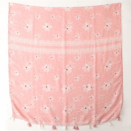 Floral print light pink long scarf with tassels