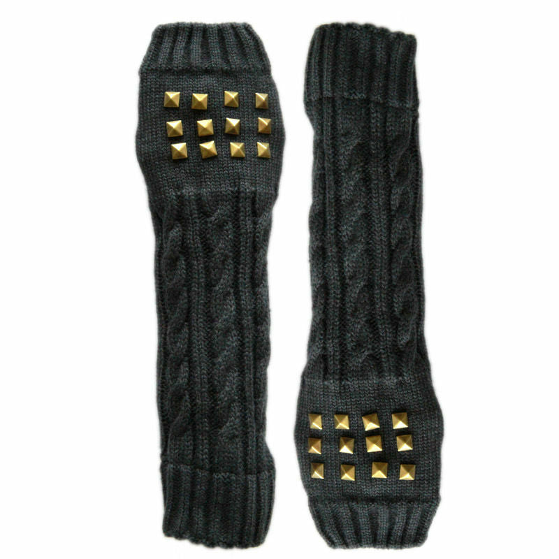 Studded finger-less knitted long mittens