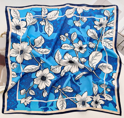 White flower blue square scarf