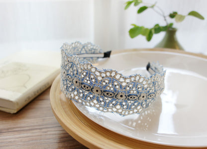 Denim blue white lace floral headband