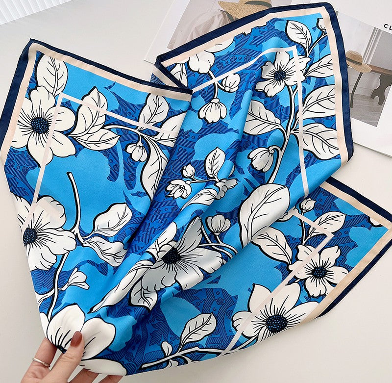 White flower blue square scarf