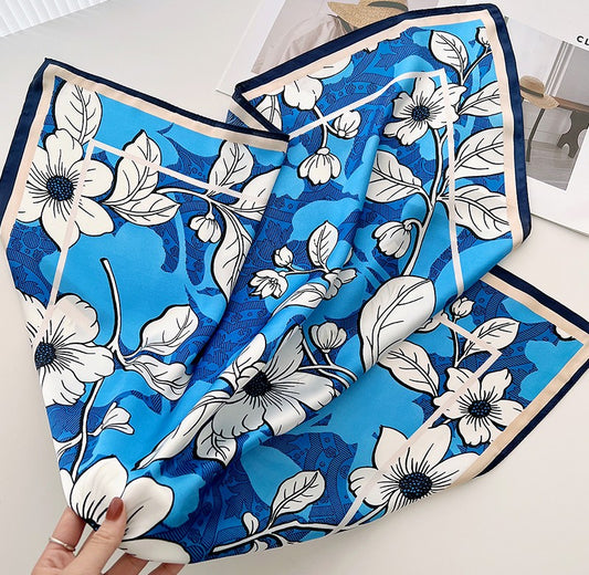White flower blue square scarf