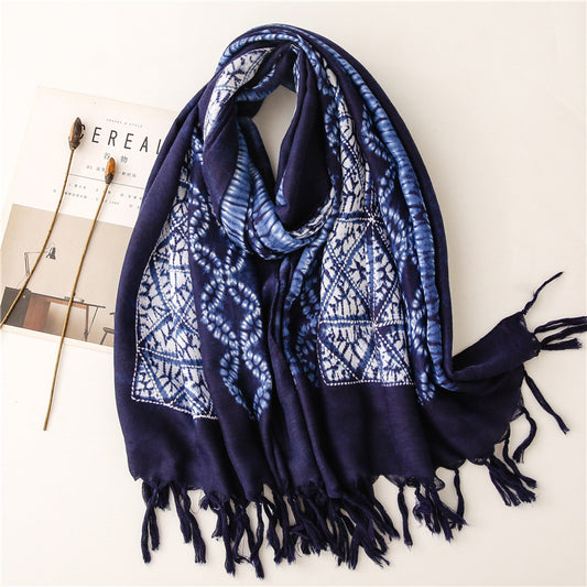 Ethnic style navy white tie-dye  print large scarf with tassels