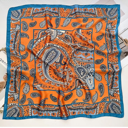 Orange teal paisley print square scarf