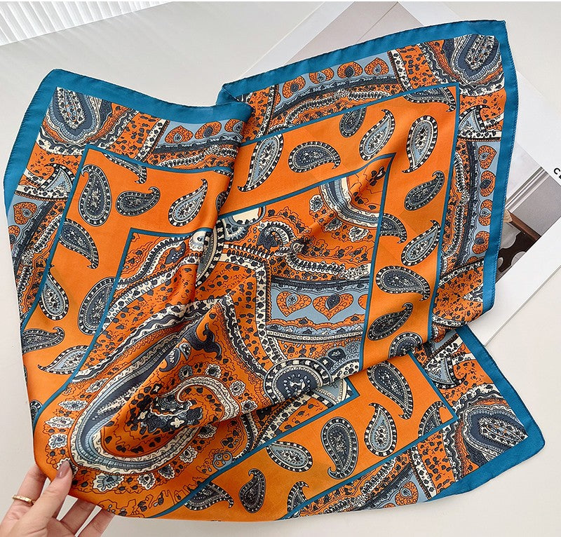 Orange teal paisley print square scarf