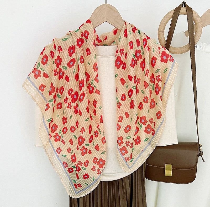 Lace edged flowers print large square scarf