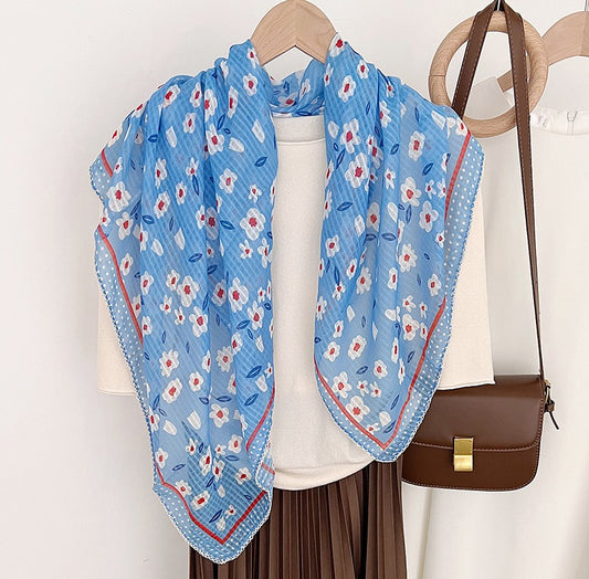 Lace edged flowers print large square scarf