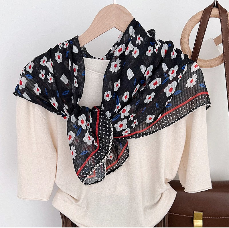 Lace edged flowers print large square scarf
