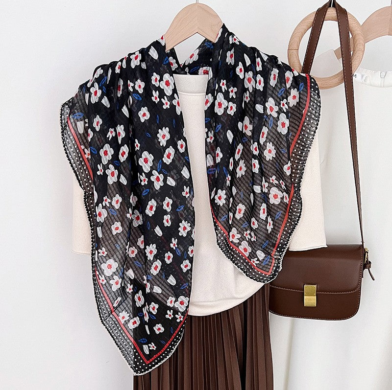 Lace edged flowers print large square scarf