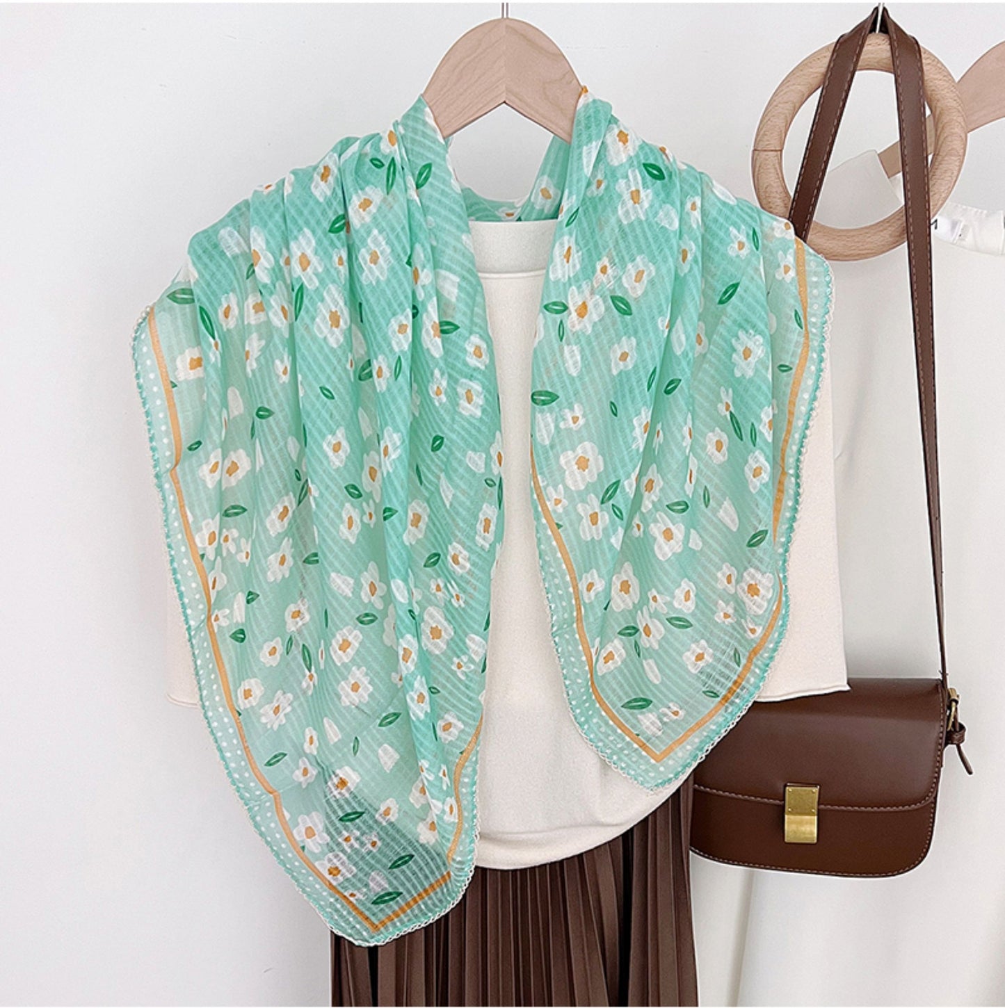 Lace edged flowers print large square scarf