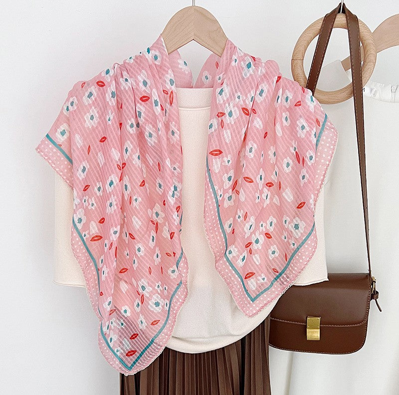 Lace edged flowers print large square scarf
