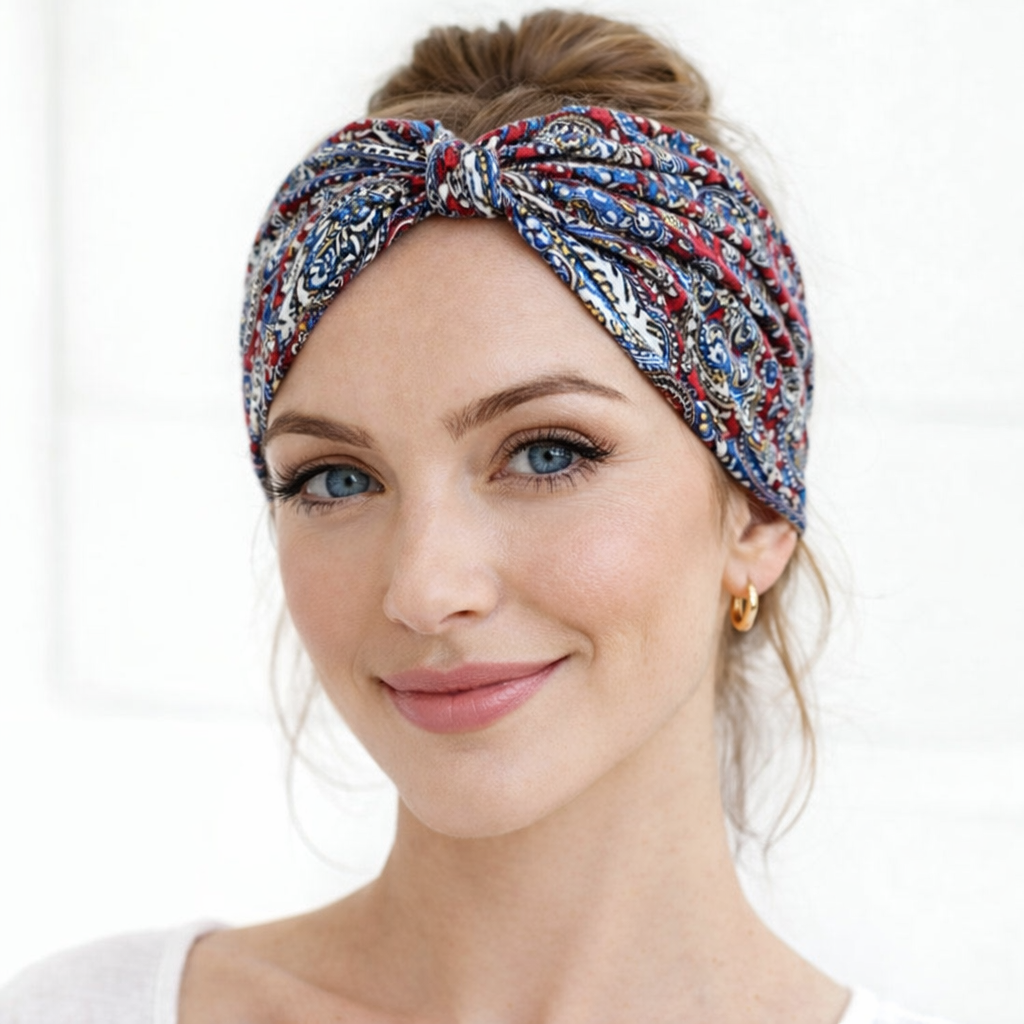 Multi-coloured paisley print knotted bandanna headband