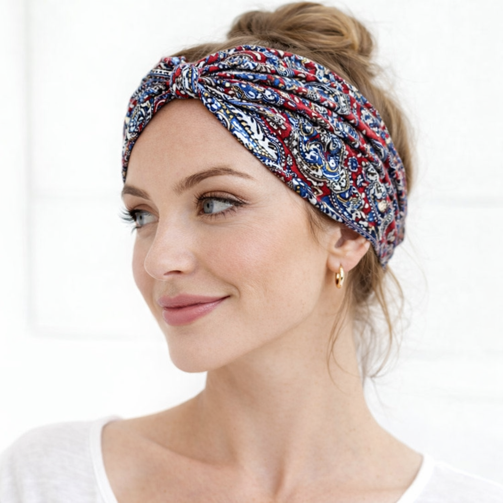Multi-coloured paisley print knotted bandanna headband