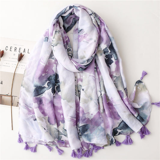 Lilac wet paint floral prints scarf with tassels