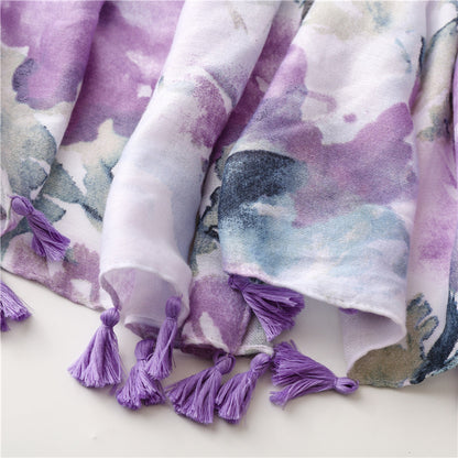 Lilac wet paint floral prints scarf with tassels