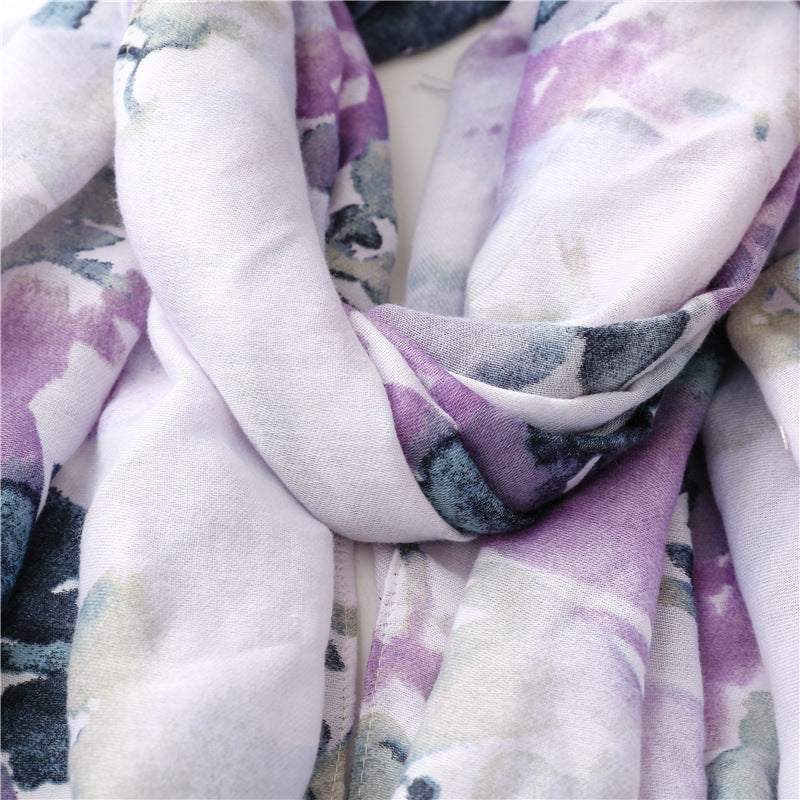 Lilac wet paint floral prints scarf with tassels