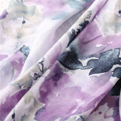 Lilac wet paint floral prints scarf with tassels