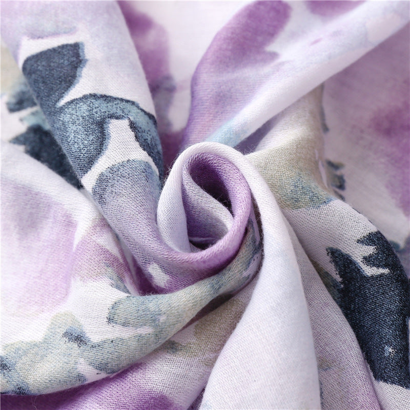 Lilac wet paint floral prints scarf with tassels