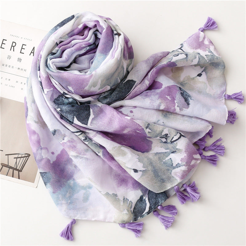 Lilac wet paint floral prints scarf with tassels