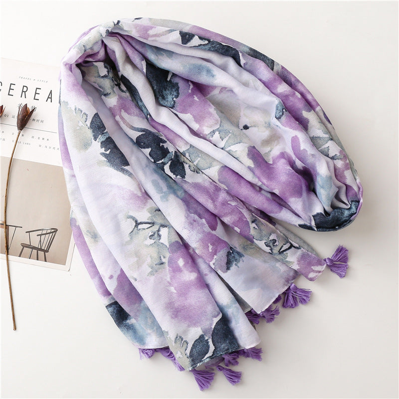 Lilac wet paint floral prints scarf with tassels