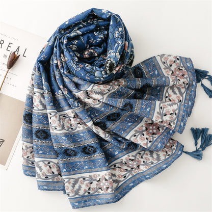 Light navy floral scarf with tassels