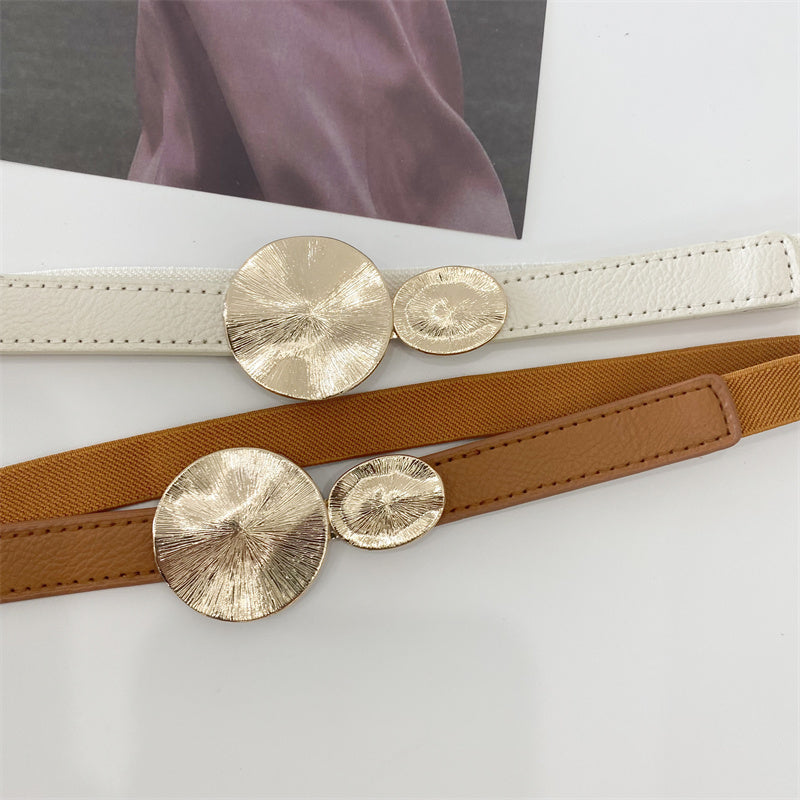 Stretchy thin belt with metallic circles buckles