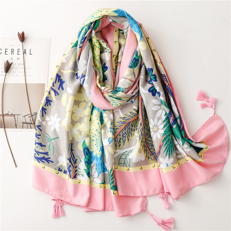 Spring floral prints scarf with tassels