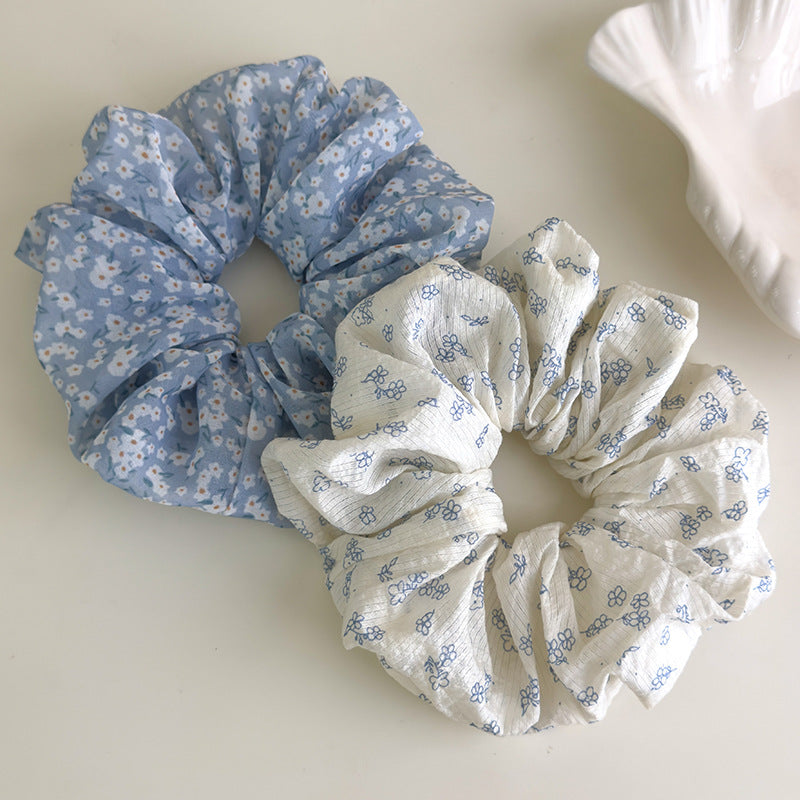 Blue chiffon floral scrunchies