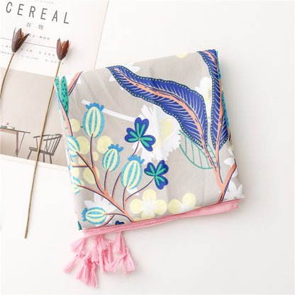 Spring floral prints scarf with tassels