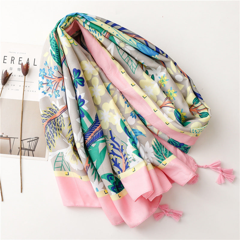 Spring floral prints scarf with tassels