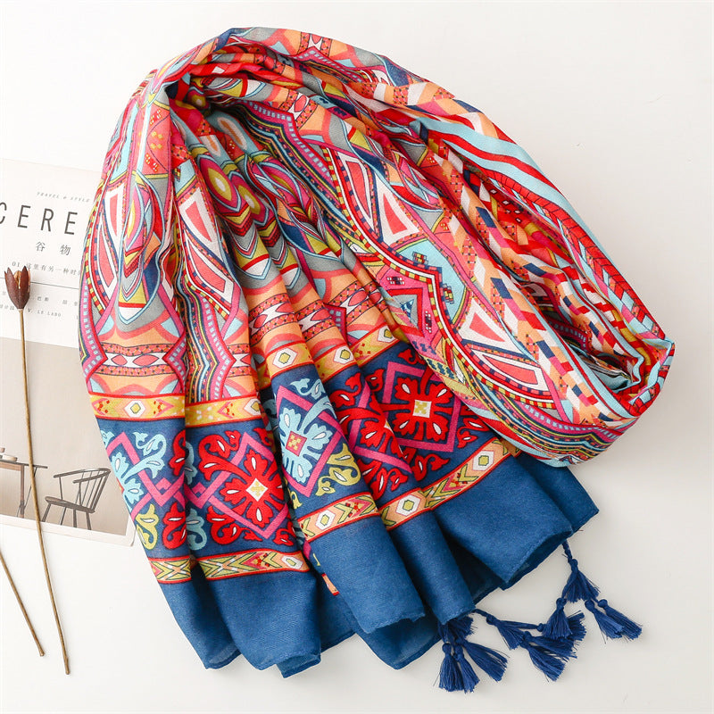 Multicoloured red navy scarf with tassels