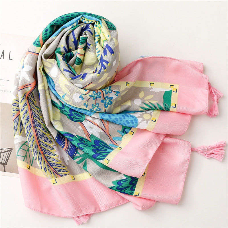 Spring floral prints scarf with tassels