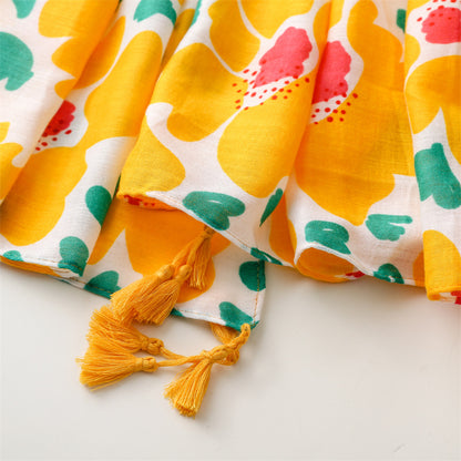 Large yellow flowers printed scarf with tassels