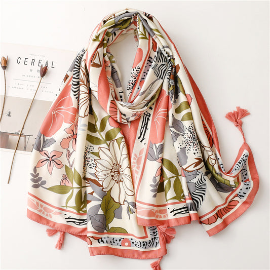 Spring floral prints scarf with tassels