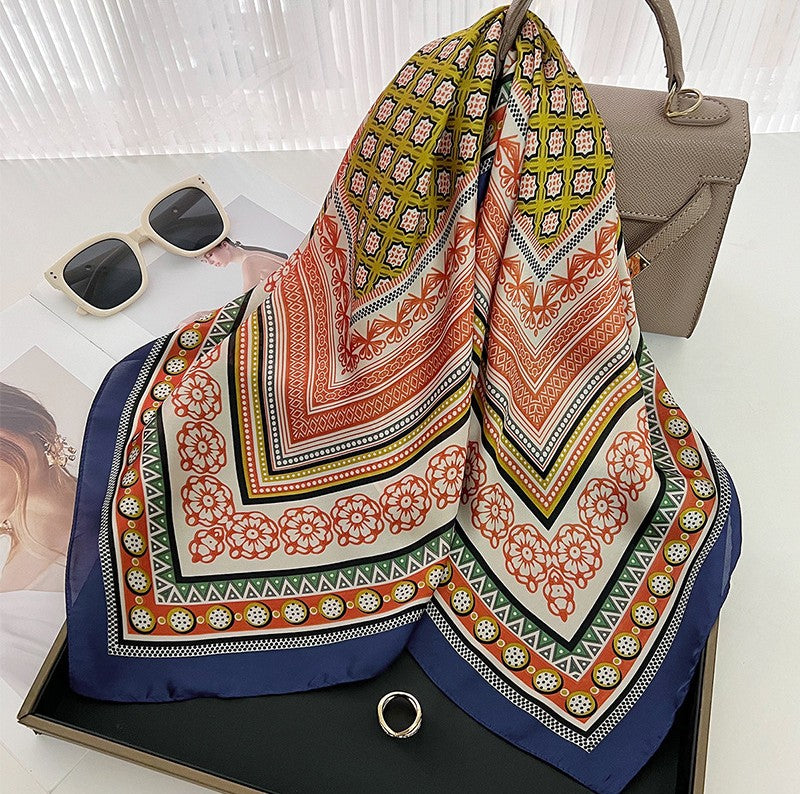 Navy orange floral square scarf