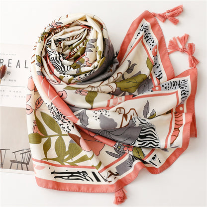 Spring floral prints scarf with tassels