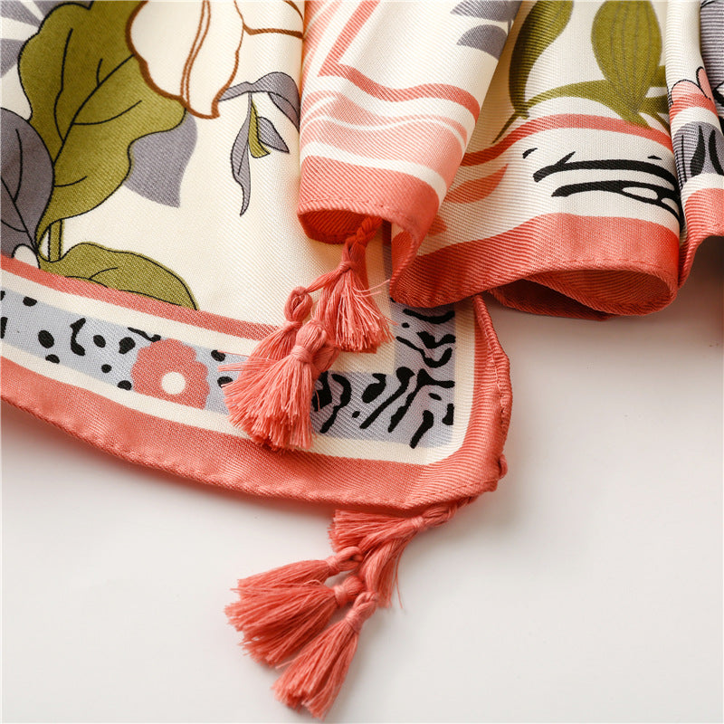 Spring floral prints scarf with tassels