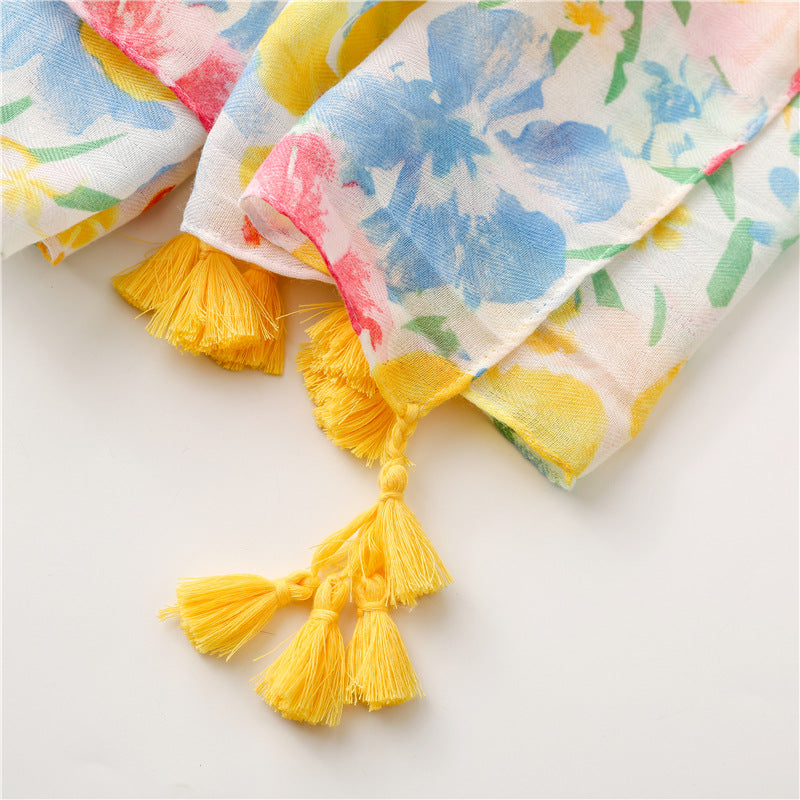 Red blue yellow floral printed scarf with tassels