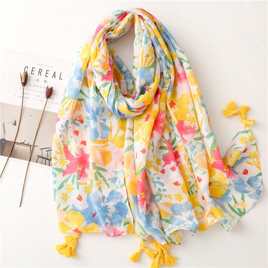 Red blue yellow floral printed scarf with tassels