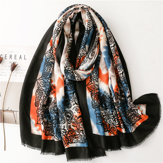 Black orange tie-dye floral prints fringed scarf