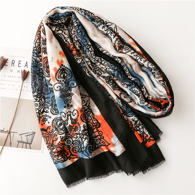 Black orange tie-dye floral prints fringed scarf