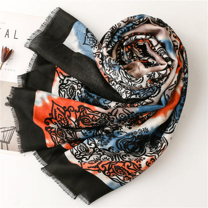 Black orange tie-dye floral prints fringed scarf