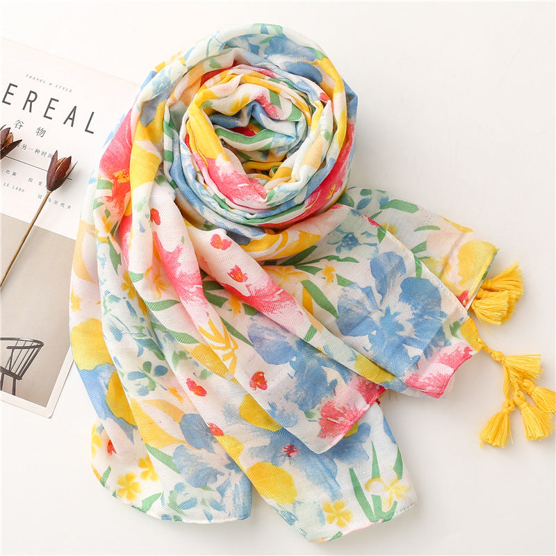 Red blue yellow floral printed scarf with tassels