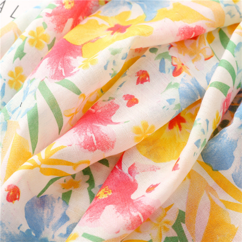 Red blue yellow floral printed scarf with tassels